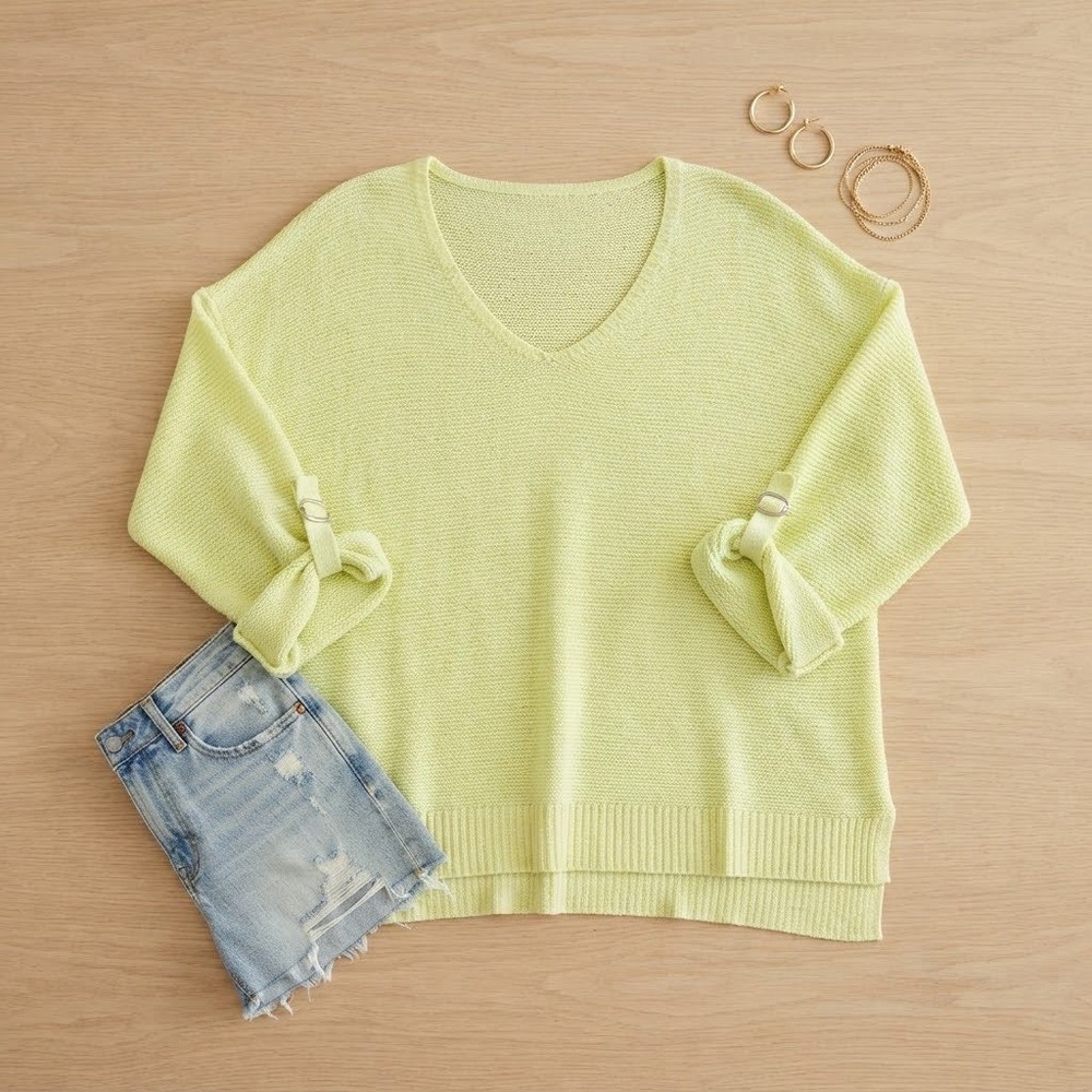 Chico's V-Neck Sweater Women 2 Lime Green Buckle Sleeve Knit Casual Coastal Cool
